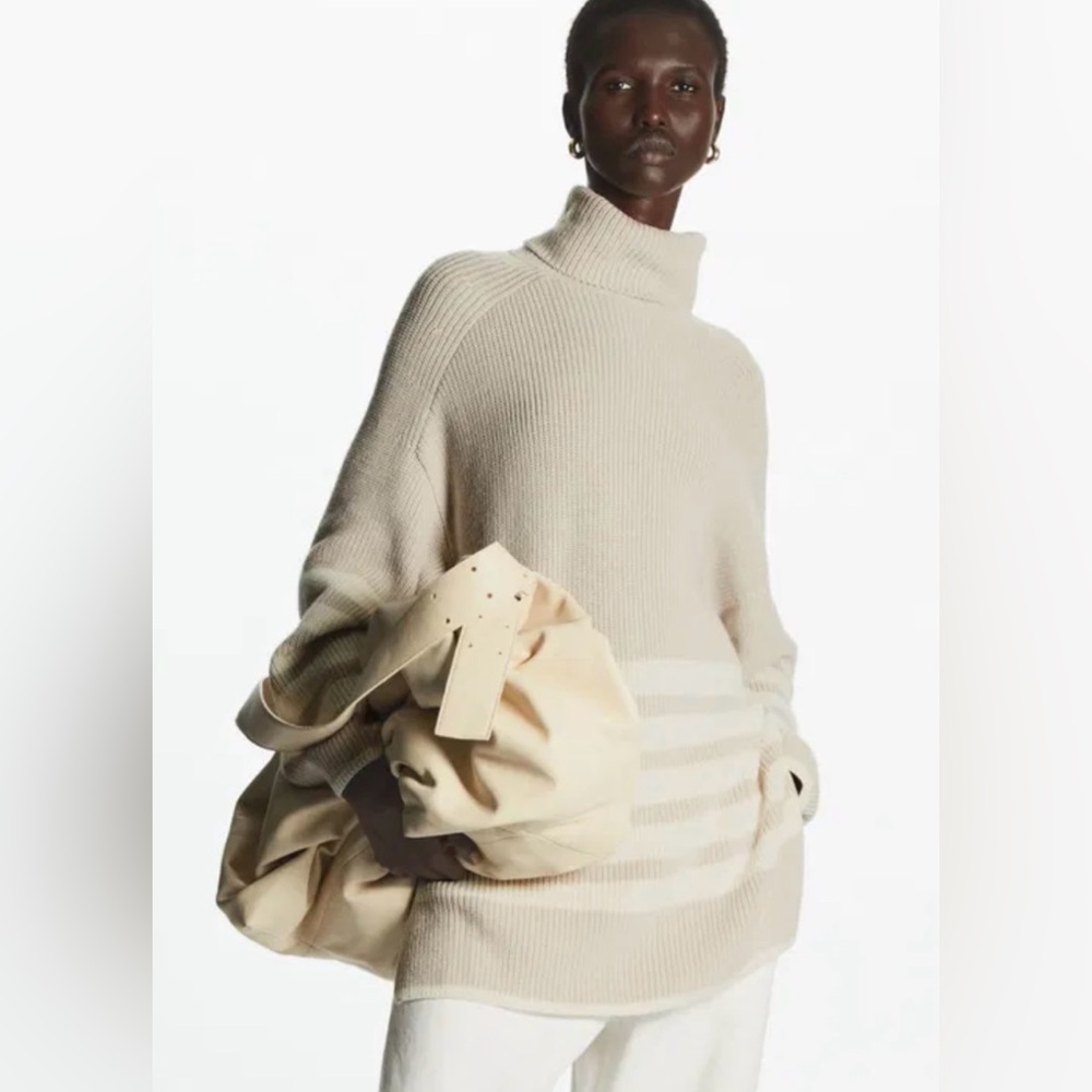 COS Beige and Cream Striped Turtleneck Sweater
